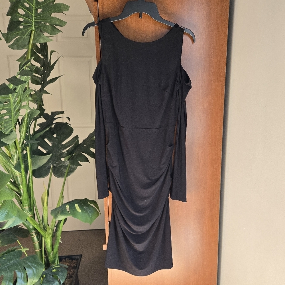 Laundry By Shelli Segal Black Bodycon Cold Shoulder Midi Dress With Rouching